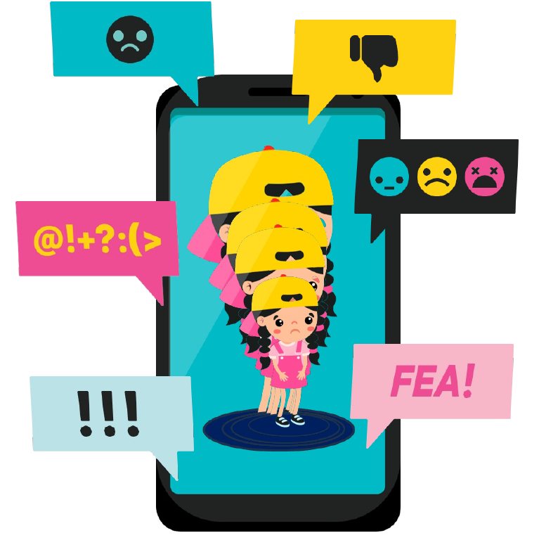 Una nena en la pantalla de un celular rodeada de burlas como «FEA!»