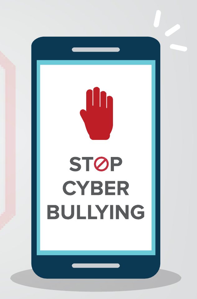 Un celular con una mano roja y el texto «Stop cyber bullying»