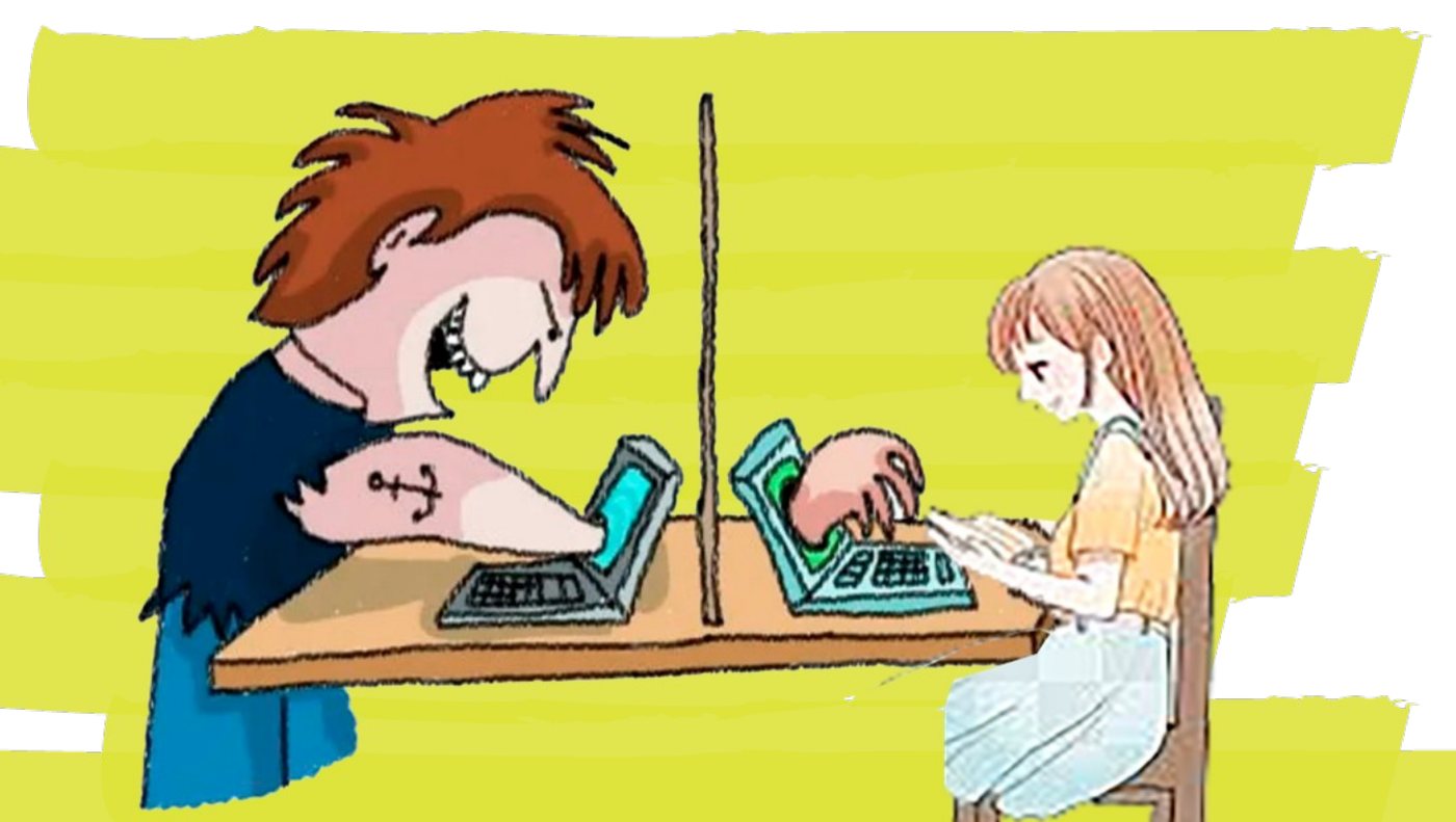 Un adulto de un lado de una mesa y una nena del otro, cada uno con su computadora