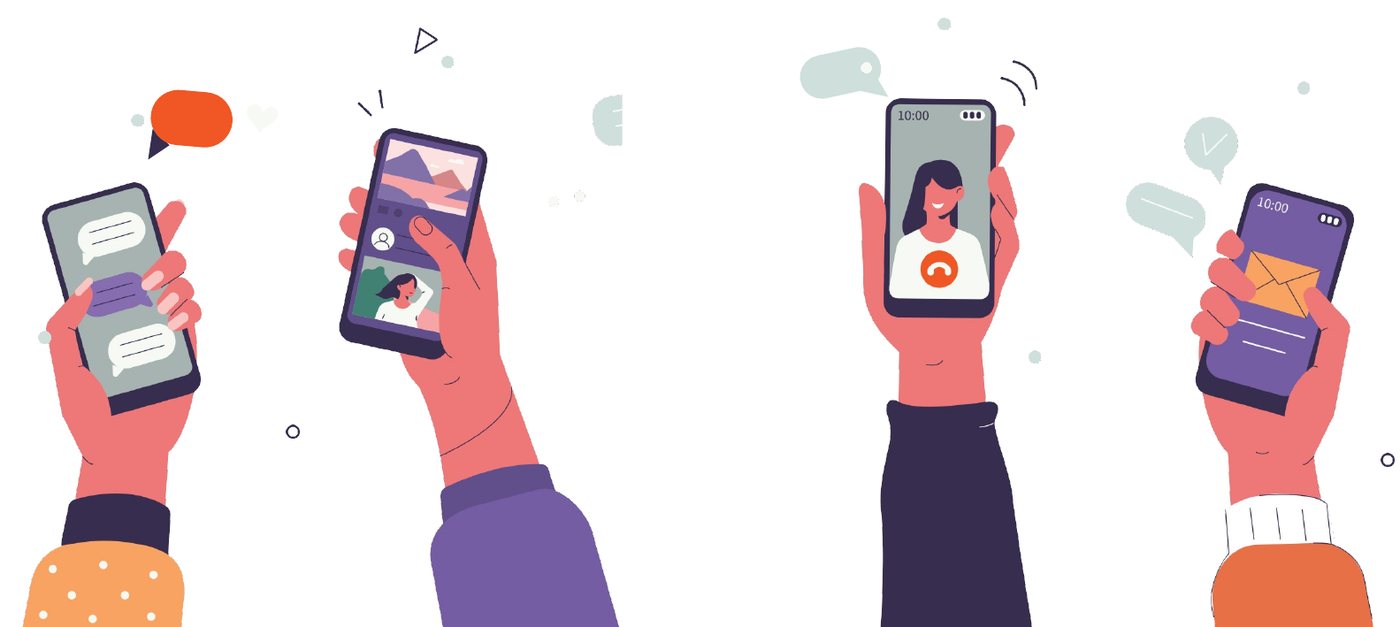 Manos de chicos y chicas usando sus celulares